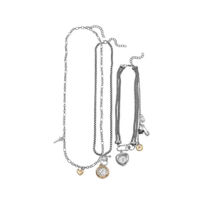 Necklace with Fashion Pin, Button Key, Heart Pendant for Women; Bohemian Multi-Strand Clavicle Chain Accessory