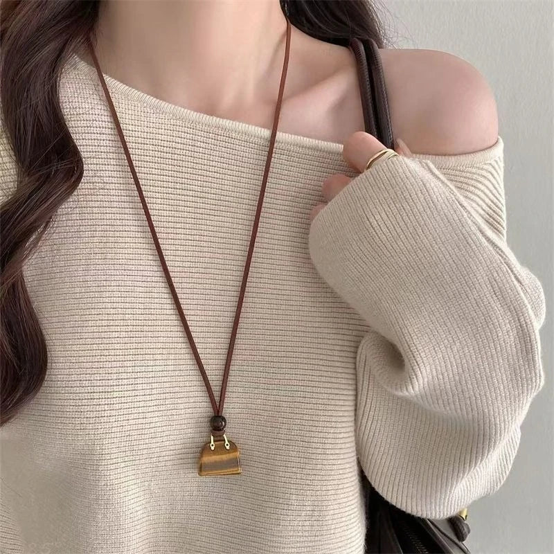 Brown Bag-Shaped Long Necklace Women's Fashionable Sweater Chain Luxurious Vintage Neck Accessory
