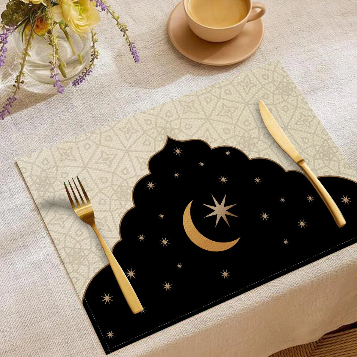 Artistic Ramadan Moon Lantern Floral Pattern Placemats Exquisite Watercolor Geometric Designs Heat Resistant Table Mats