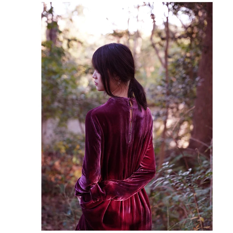 Light Luxury Natural Silk Velvet Women's Dress  Long Sleeve Long Floor-length Dress Temperament Elegant Casual Spring Autumn