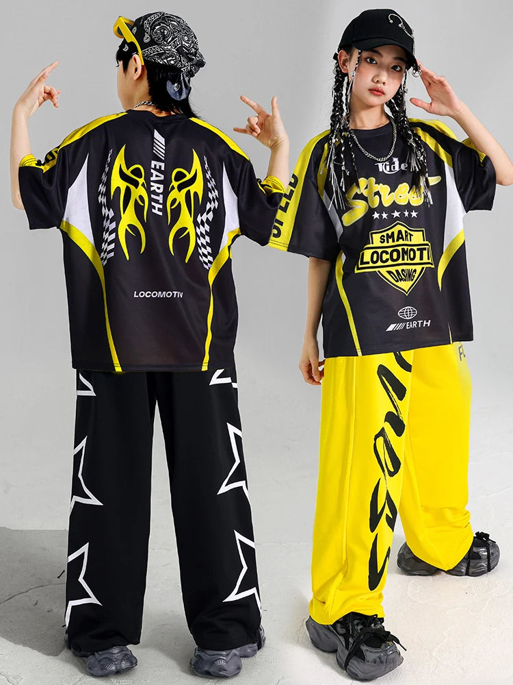 Boys Hip Hop Contrast T-shirt Yellow Vest Sweat Pants Girls Street Dance Jazz Costume Children Clothes Set Kids K-pop Streetwear