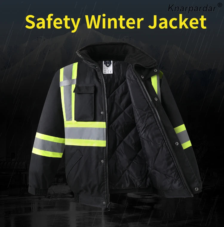 Winter Black Jacket High Visibility Warm Jacket for Men With Customized Logo Waterproof Jacket Reflective Parka Jacket Workwear