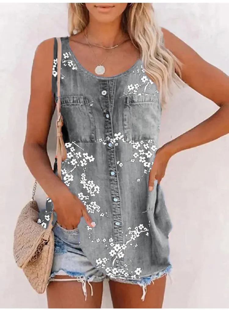 Summer New Tank Tops Fashion Loose O Neck T-shirts Imitation Cowboy Vest Women Casual Sleeveless Tops Blouse Street Wear