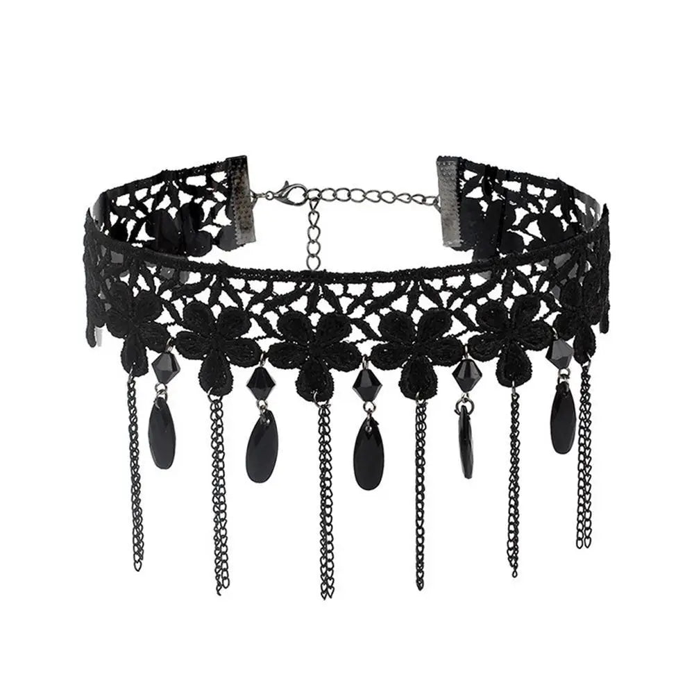 Sexy Neck Chain Steampunk Style Collar Chocker Gemstone Pendant Black Lace Gothic Necklace