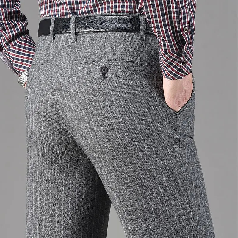 Vintage Autumn Winter Thicken Wool Fleece Suit Pants Men Middle Age High Waist Straight Loose Business Casual Straight Trousers