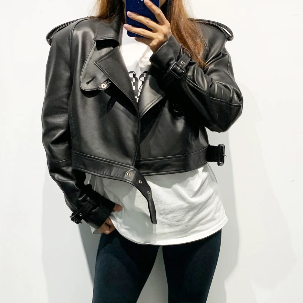 Female Leather Jacket Women Winter Genuine Sheep Leather Coat Wide Shoulder Paddad 23012