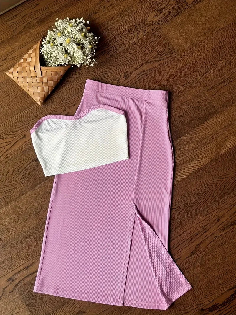 Summer Women 2 Piece Outfit Ribbed Strapless Tube Top and High Waist Midi Skirt Contrast Color Matching Set