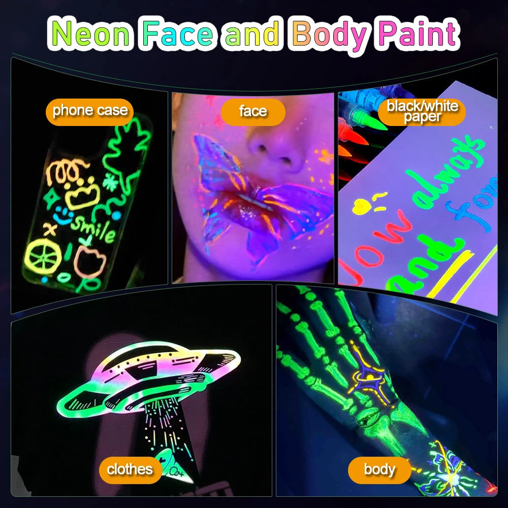 8 Glow in the Dark Body Paint UV Neon Face Paint Pens with 93 Tattoo Stencil Designs for Halloween Carnival Christmas Festival