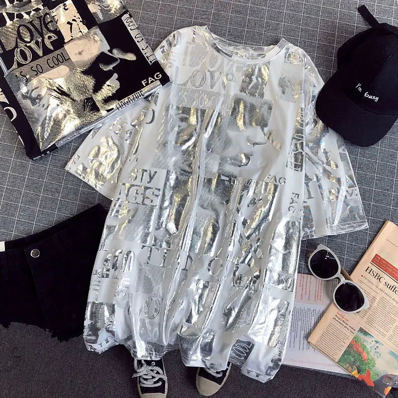 Summer New Style Cec Women's Oversized Loose Short Sleeve T-Shirt Harajuku Style Street Fashion round Neck Mid-Length Top