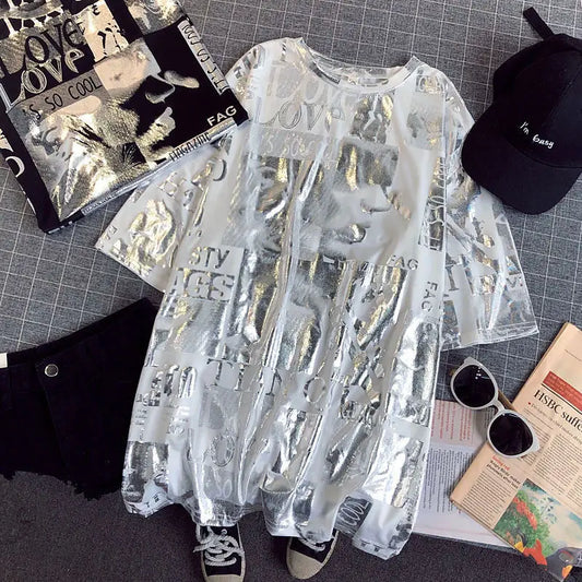 Summer New Style Cec Women's Oversized Loose Short Sleeve T-Shirt Harajuku Style Street Fashion round Neck Mid-Length Top