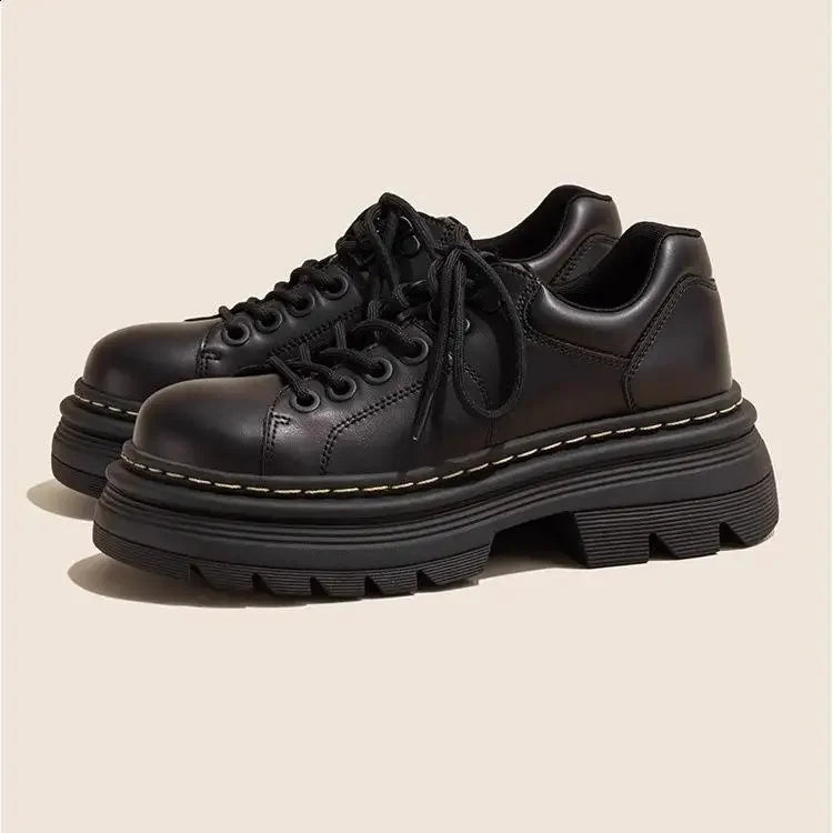 Womens Derby Shoes Autumn British Style Female Footwear Loafers With Fur Round Toe Clogs Platform Casual Sneaker Leather