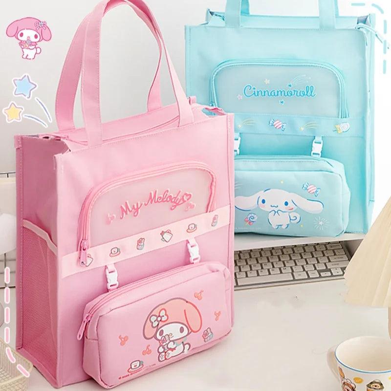 Sanrio Characters Library Tote Bags School Bag Large Capacity Students Canvas Storage File Bag Tutoring Handbag