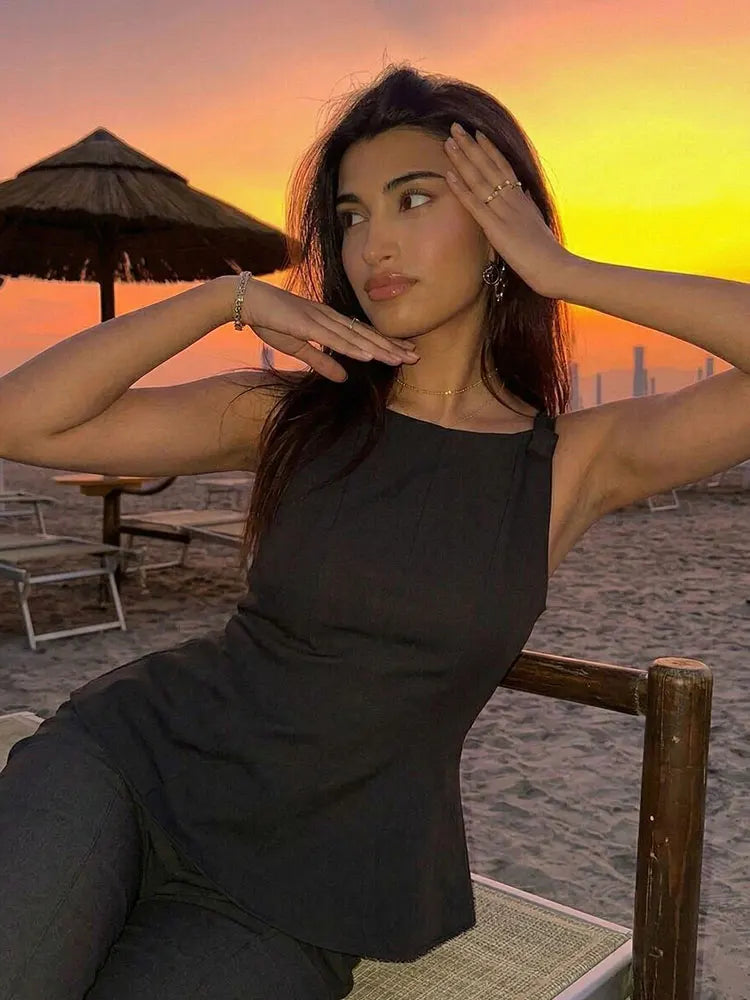 Summer Women Vintage Black Cropped Tops Bow Slim O Neck Sleeveless Off Shoulder Tank Tops Trend Female Casual Chic Vest Top
