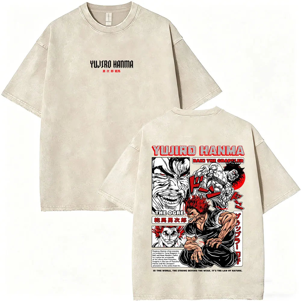 Washed Vintage Anime Baki Hanma Wake Up T-shirt Men Women Retro Manga Oversized T-shirts Men's Casual Cotton T Shirts Streetwear