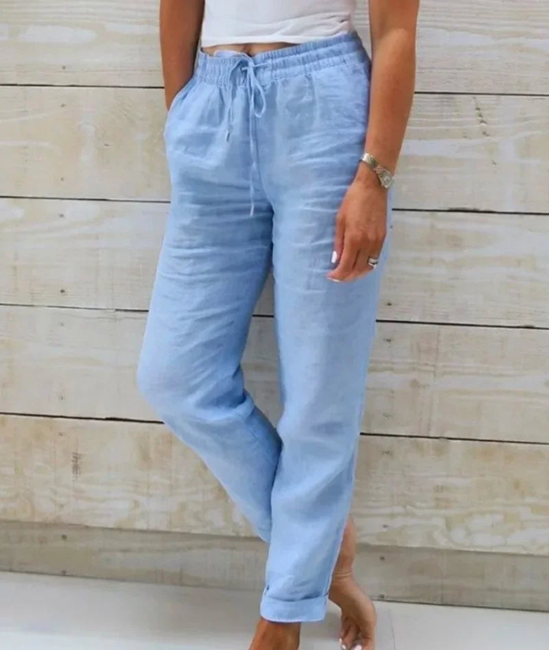 Cotton Linen Pants For Women Fashion Streetwear Elegant Summer Casual Solid Color Trousers High Waist Elastic Straight Pants