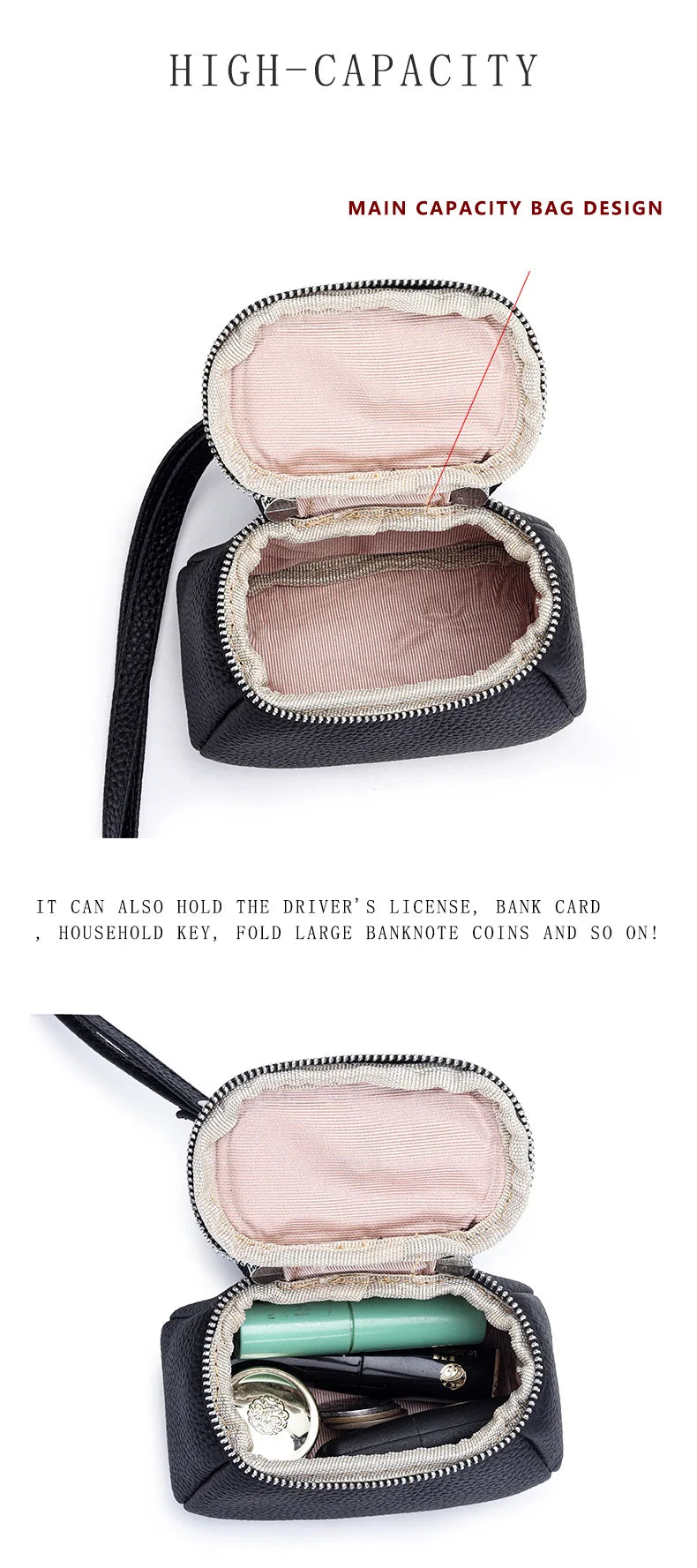 Ladies Genuine Leather Cosmetic Bag Fashion Cosmetic Case Makeup Bag Women Clutch Mini Toiletry Bag Cosmetic Pouch with Lanyard