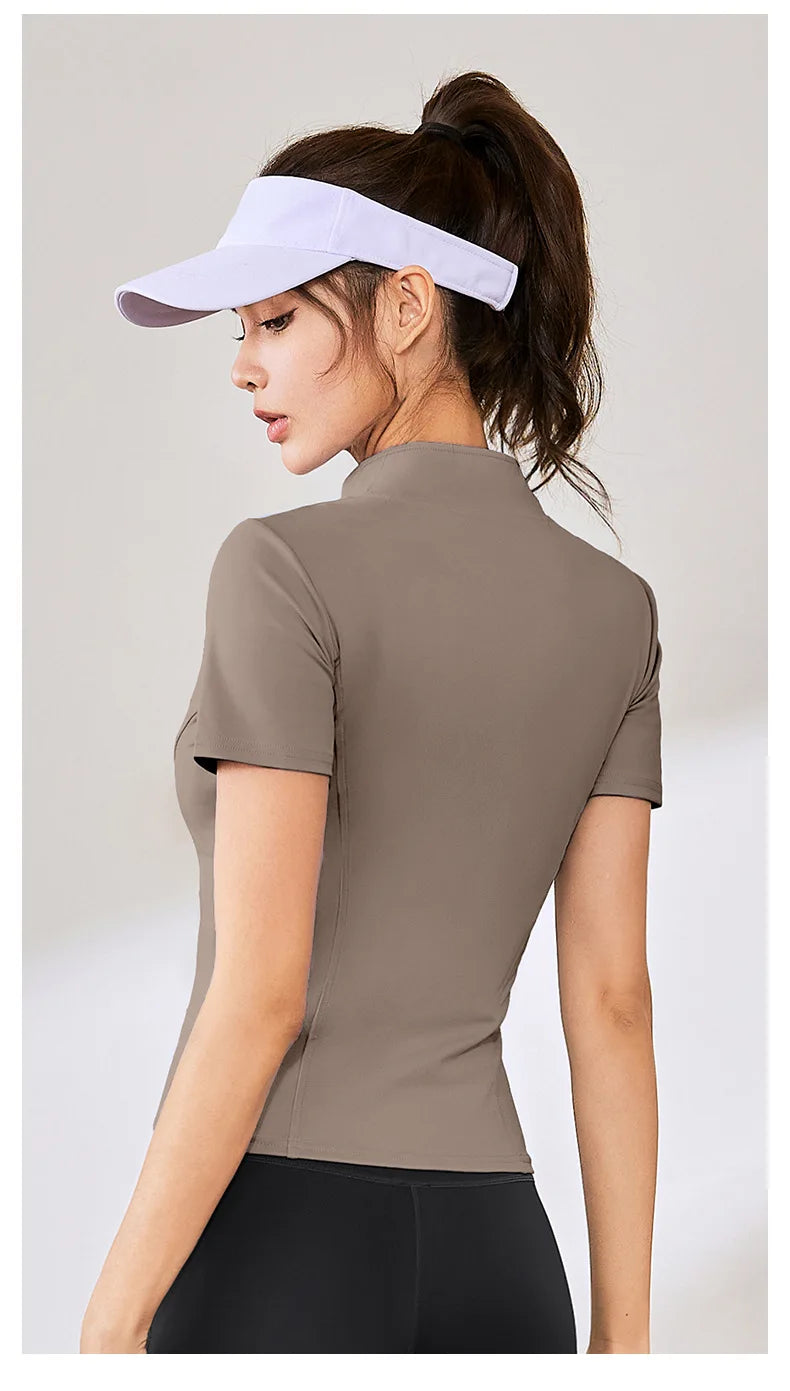 Summer High Quality Waist Slimming Training Tops Women's Quick-drying Tight Stand Collar Full Zipper Short Sleeves Yoga shirts