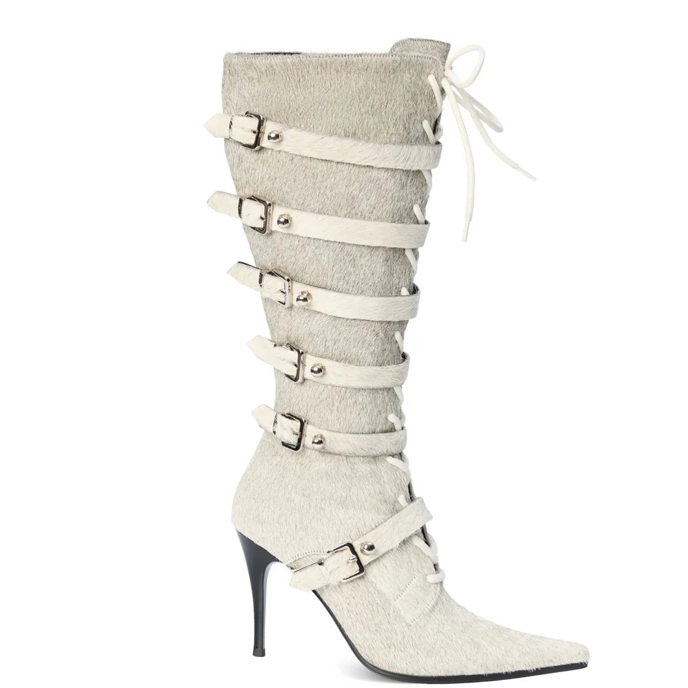 Horsehair Metal Rivet Buckle Betl Long Boots Thick Heel Sexy Pointed Toe Zipper New Arrivals Fashion Women Modern Boots