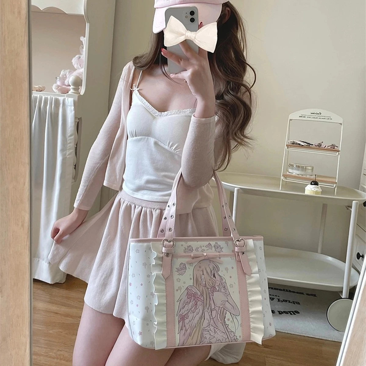 Pink Tote Bag Women Large Capacity Shoulder Bags Cartoon Cute PU Leather Handbags Shopping Women's Bags