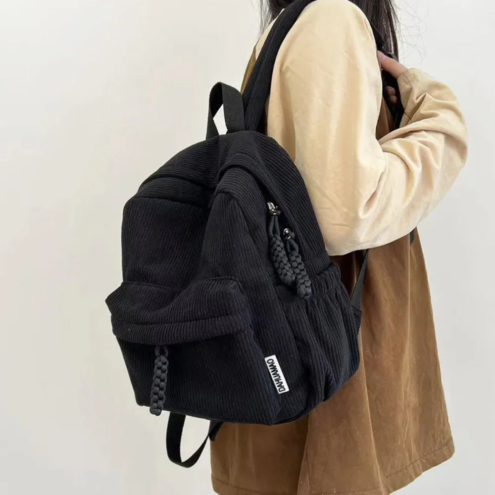 Backpack Solid Color Corduroy Backpack Handbag Rucksack Small School Bags Commuting Simple Student Book Bags Autumn Winter