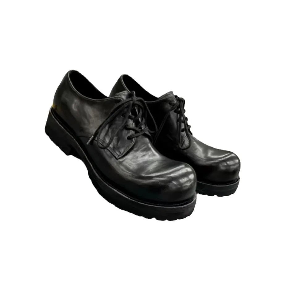 2025 New Men's Thick-soled Heightening Black Lace-up Round Head Horse Leather Made Old Derby Shoes
