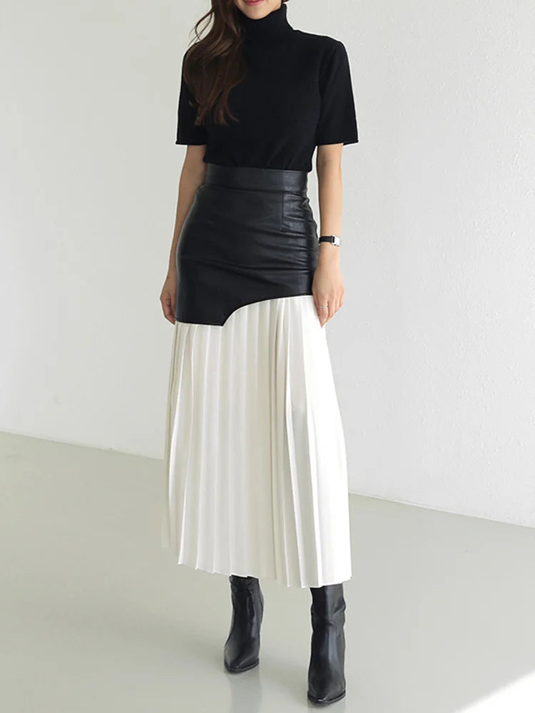 TWOTWINSTYLE Casual Patchwork Pu Skirt For Women High Waist Midi Folds Pleated Skirts Female 2022 Spring Fashion Clothing Style