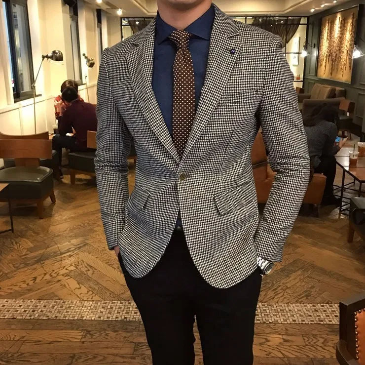 Spring and Autumn Wool Suit Men's Jacket Houndstooth Suit Large Size Retro Slim Business Thickened Casual Suit