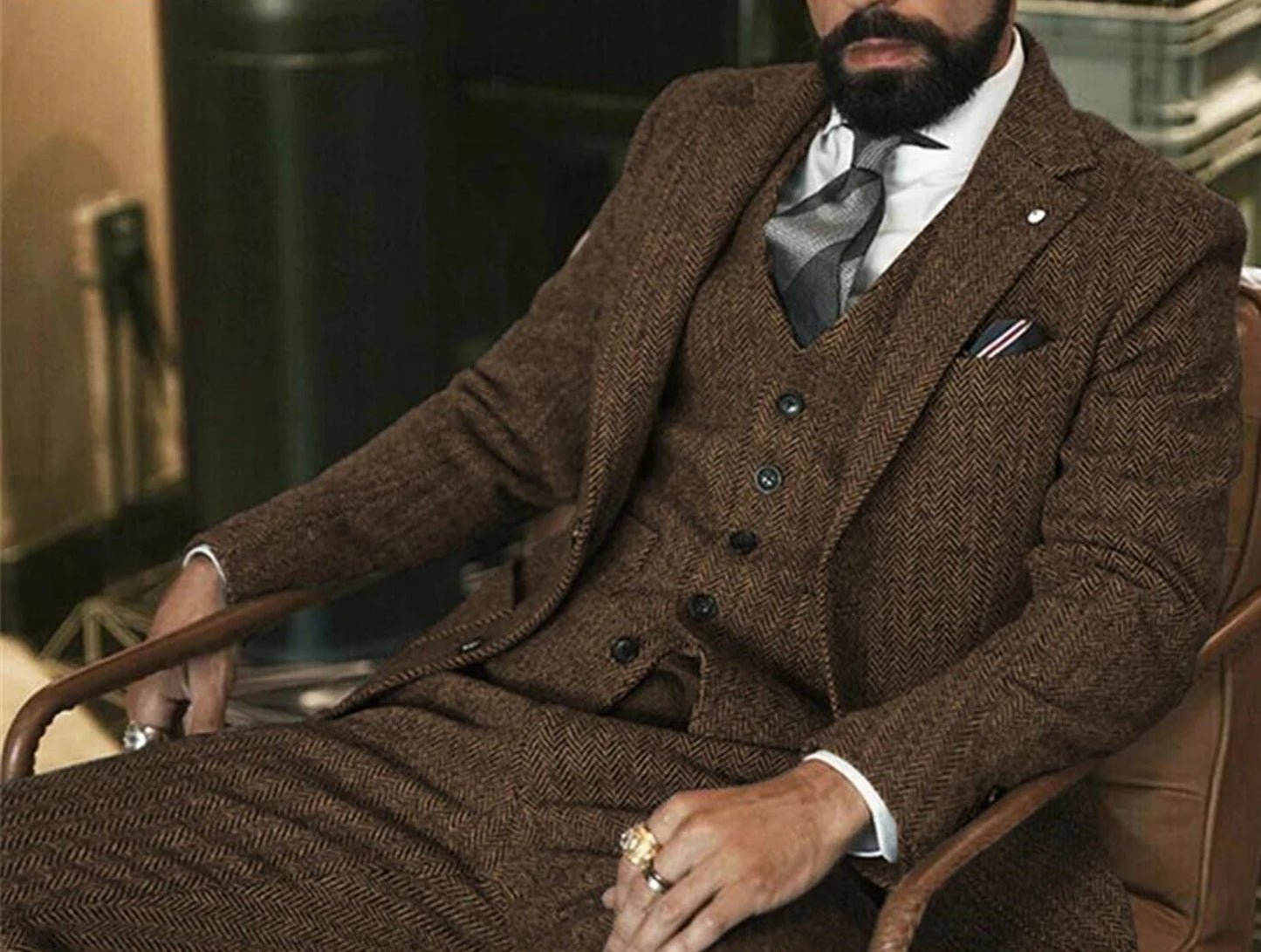 Brown Wool Tweed Winter Men Suit's For Wedding Formal Groom Tuxedo Herringbone Male Fashion 3 Piece Suits (Jacket+Vest+Pants)