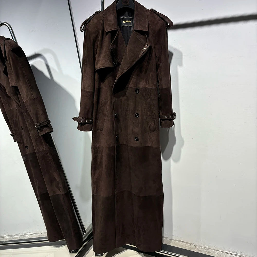 YOLOAgain 150cm Extra Length Real Leather Trench Coat Women Double Breasted Suede Coat Female
