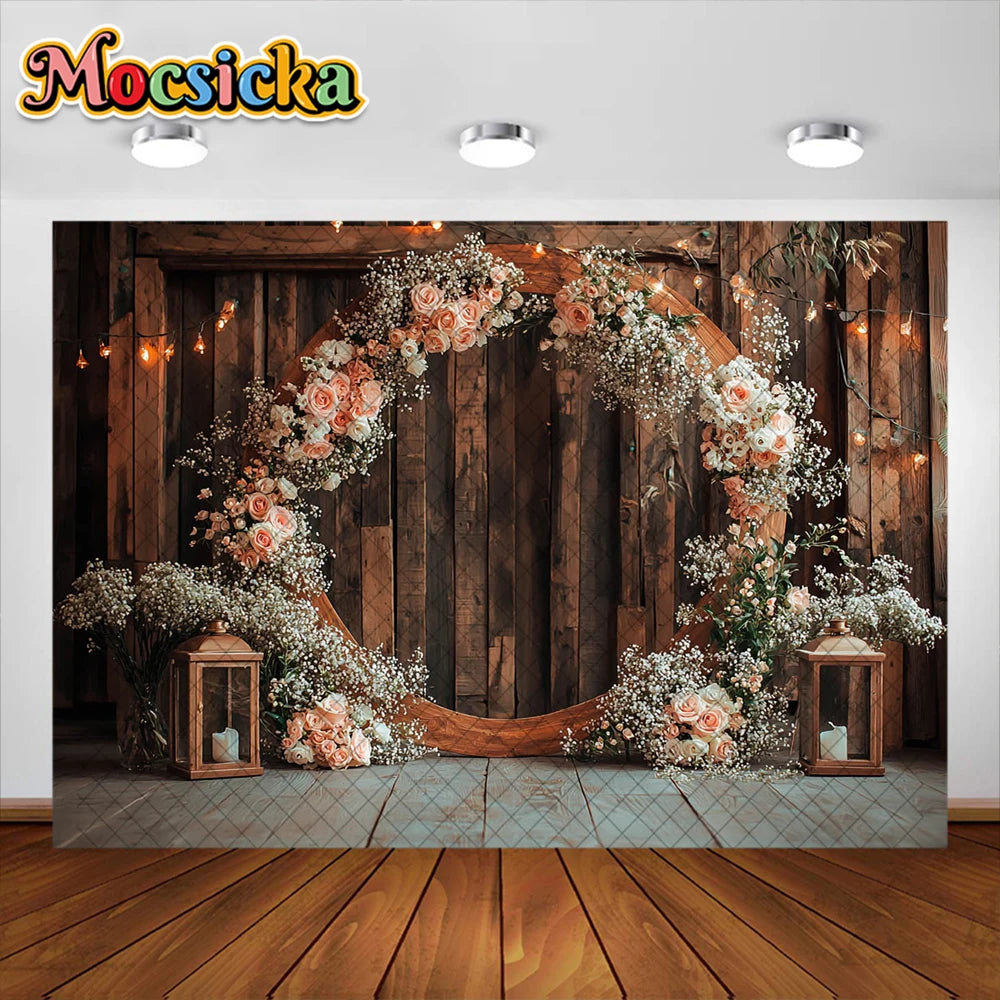 Wedding Theme Photography Background Round Wreath Wooden Wall Decoration Couple Wedding Scene Supplies Backdrop Studio Props