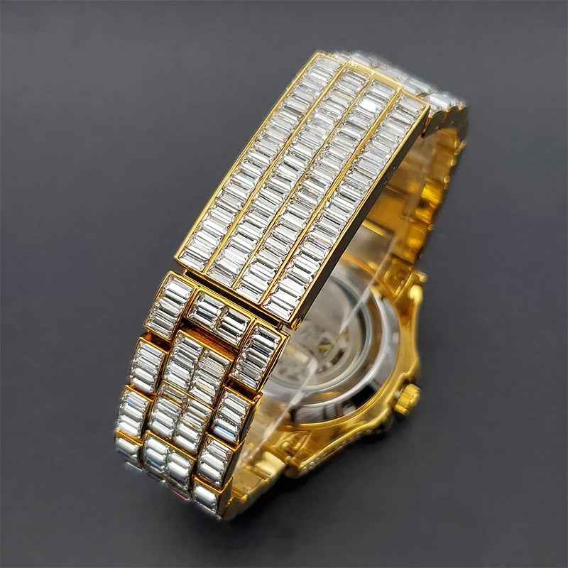Automatic Watch For Men Diamond Luxury Hip Hop Street Style Luminous Men Mechaincal Watches With Baguette Zircon Bracelet Clock