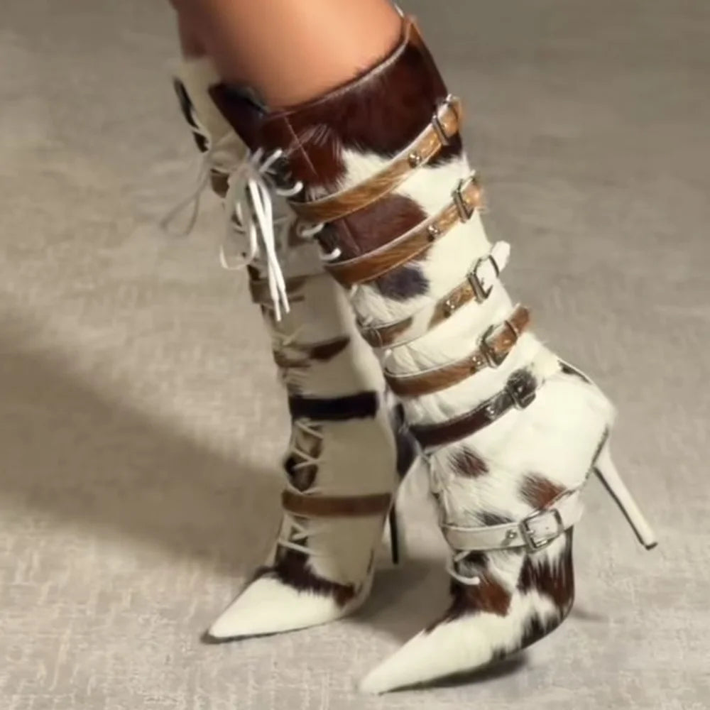 Horsehair Metal Rivet Buckle Betl Long Boots Thick Heel Sexy Pointed Toe Zipper New Arrivals Fashion Women Modern Boots