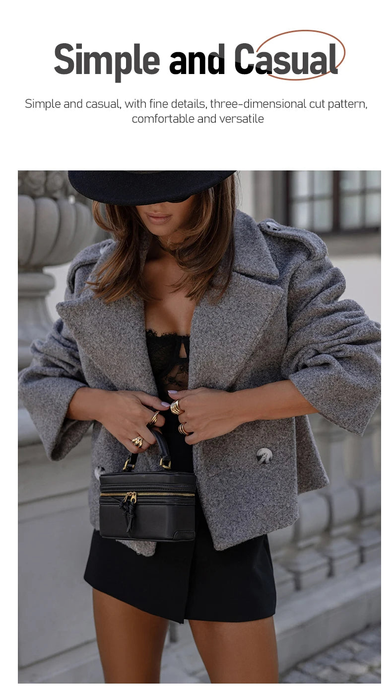 Winter Fashion British Style Pure Suit Collar Solid Color Woolen Fabric Small Coat  Casual Elegant Jacket Women'S Clothing