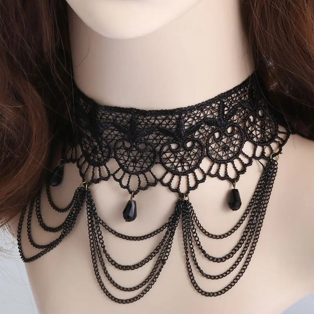 Sexy Neck Chain Steampunk Style Collar Chocker Gemstone Pendant Black Lace Gothic Necklace