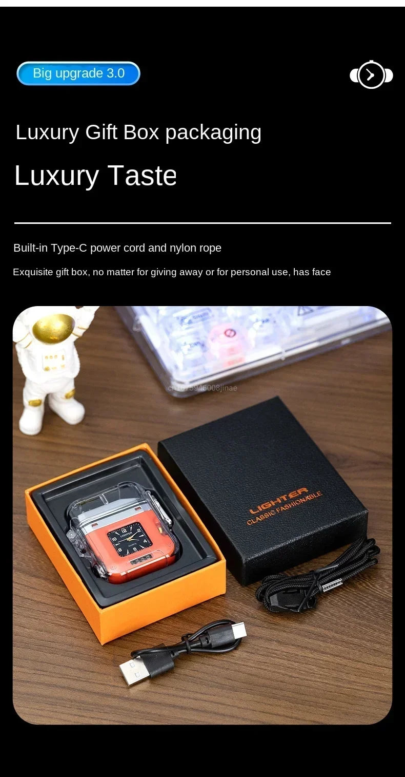 Waterproof Watch Lighter Windproof USB Plasma Rechargeable Lighter Outdoor Portable Smoking Cigarette Lighter Men's Watch Gift