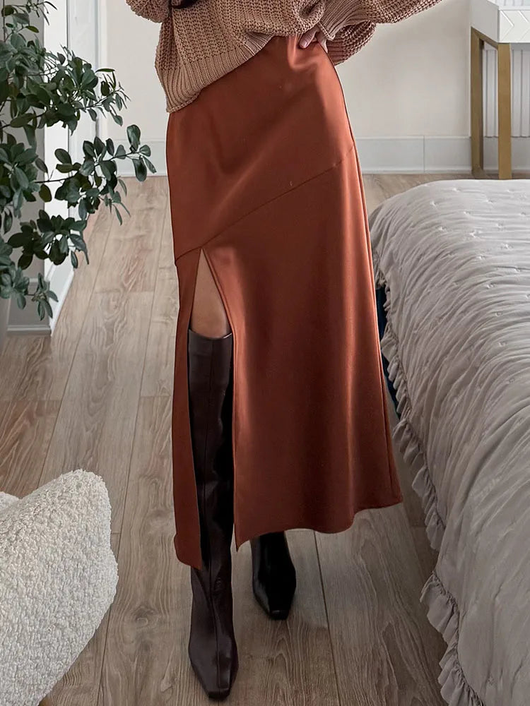 Summer Satin Skirts For Woman Office Maxi A Line Black Silk Skirts With Slit Lady High Waist Women Patchwork Skirt Long Elegant