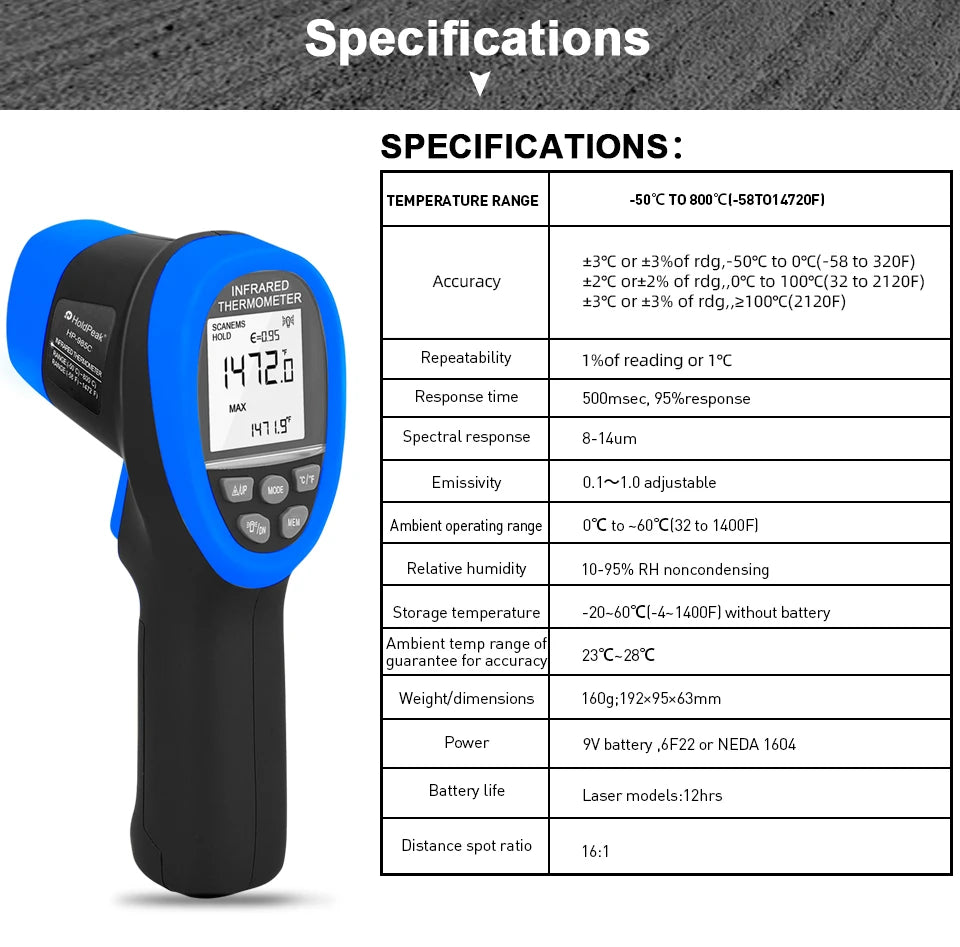 Infrared Thermometer Non-Contact Digital Laser Temperature Gun with -50°C~800°C, Adjustable Emissivity for Cooking/BBQ/Freezer