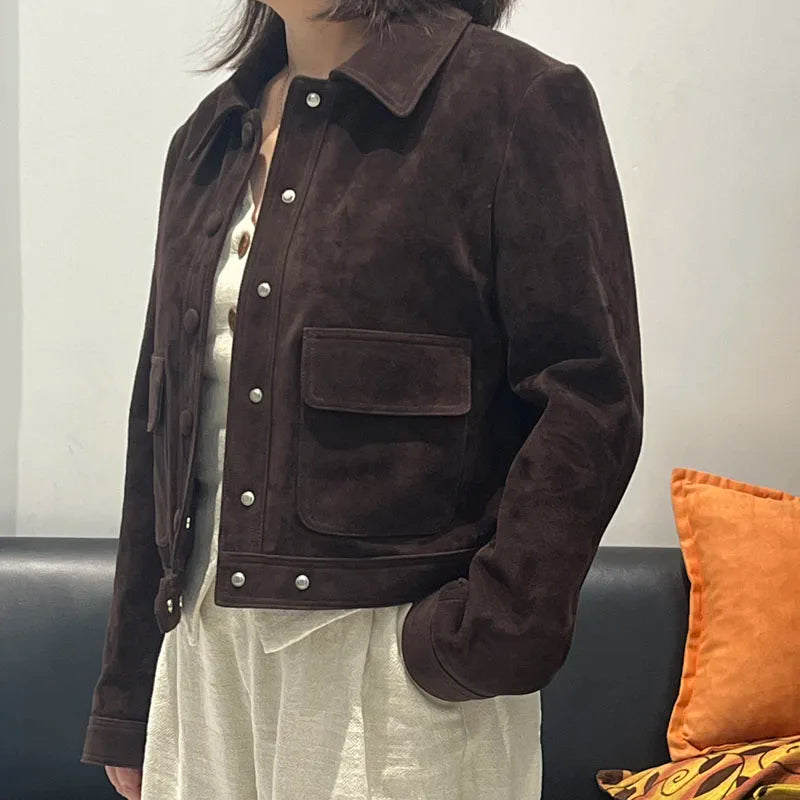 Winter Woman Clothing Old Money Style Retro Chocolate Brown Kid Suede Genuine Leather Jacket Streetwear Collar Slim Short Coat