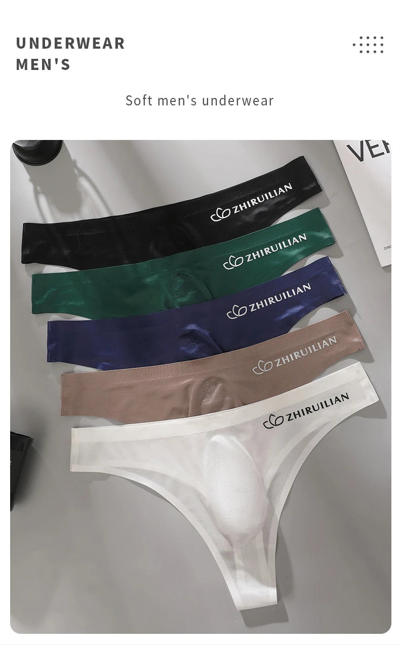 Men's Thongs Low Waist Underwear Sexy Ice Silk T-Back Panties Breathable Quick Drying G-string Seamless Ultra-thin Underpants