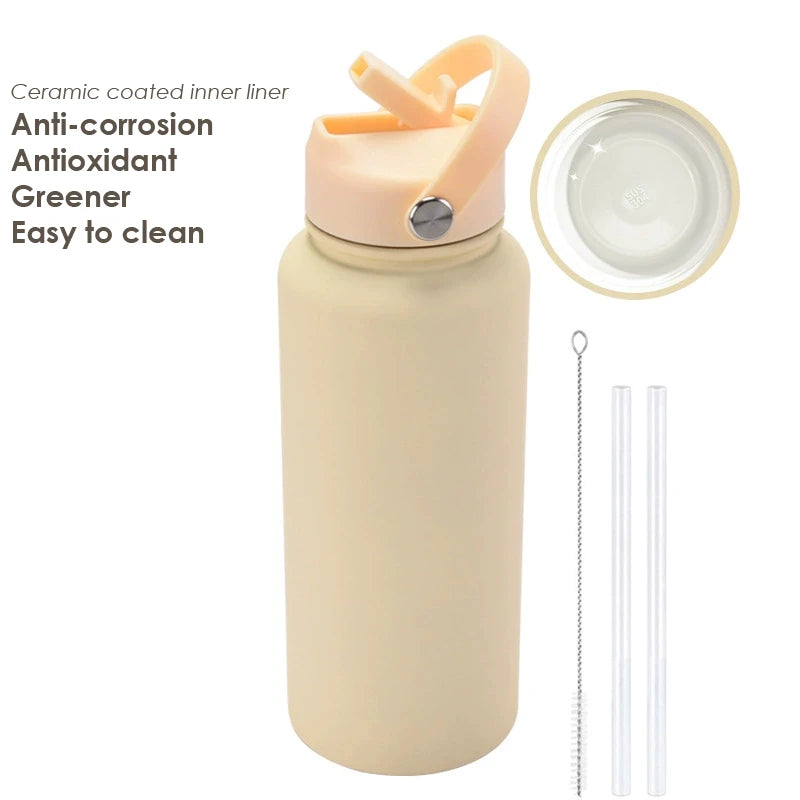 1000ML Water Bottle With Straw Lid Vacuum Insulated FlaskThermos Tumbler Ceramic Anti-Corrosion Coating Custom Gifts