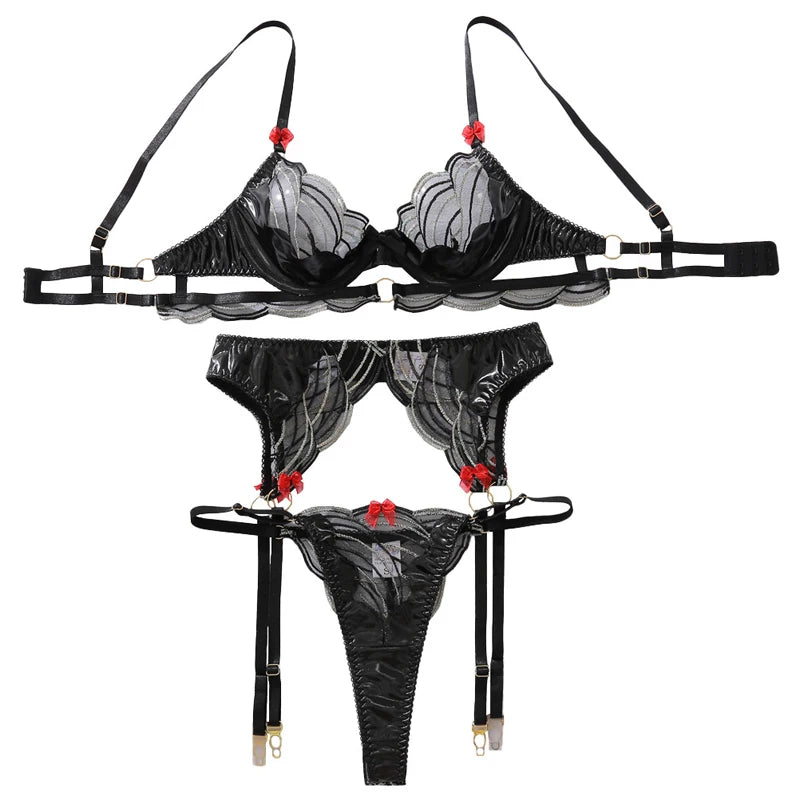 Lingerie Sexy Bra Set Women Black Underwire Geometry Embroidery Garter Belt Pants Fancy Underwear Hot Exotic Sexy Lingerie