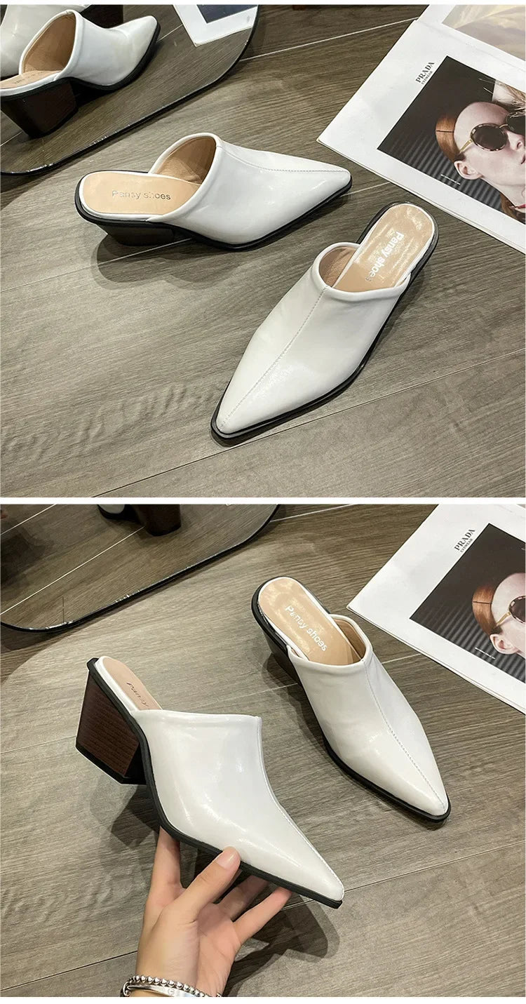2024 Spring Summer New  Slippers Sexy Pointed Toe Slip on Shoes  Mules Female Fashion Thick Heel Outdoor Dress Sandals