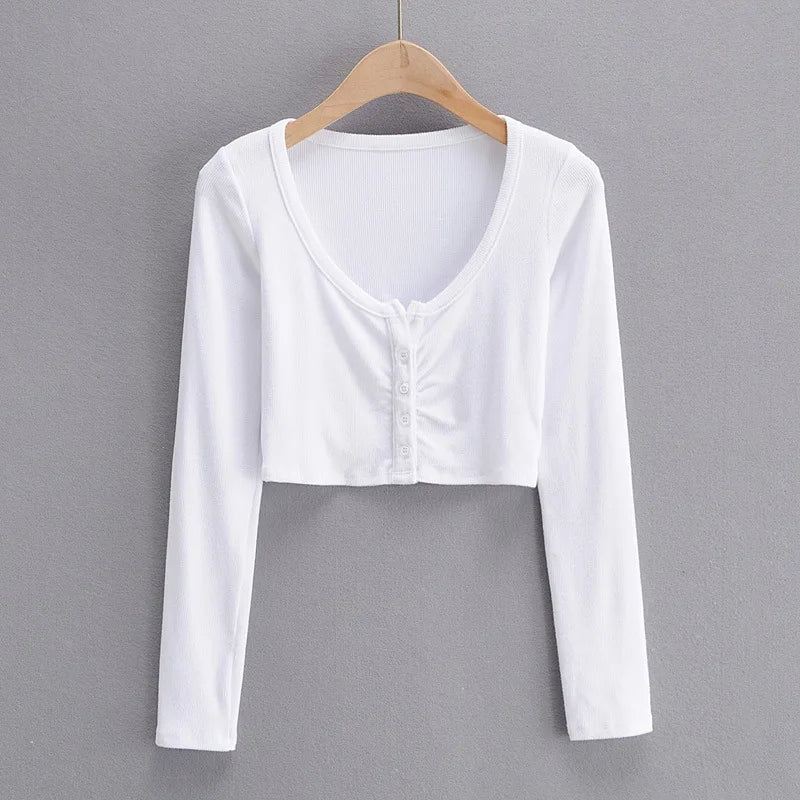 Summer Sexy Women Crop Tops Long Sleeve Tee Shirt Clubwear Buttons Solid T Shirt Women Black White Slim Tops