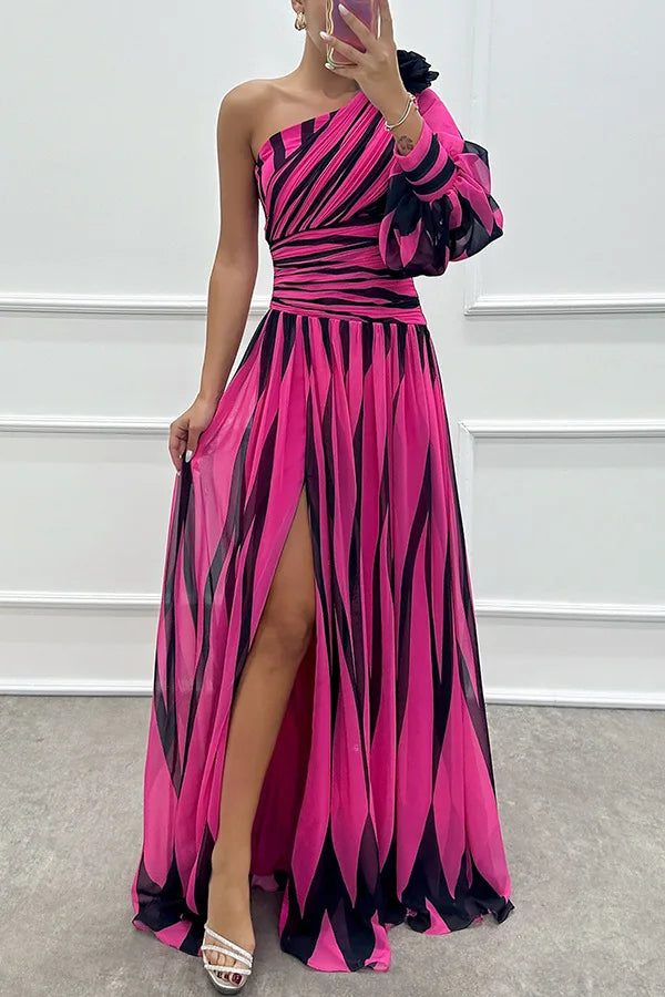 Dress Long Dress 2024 Spring and Autumn New Temperament Fashion Printed Slant Shoulder Split Dress INS Casual Loose Party Dress