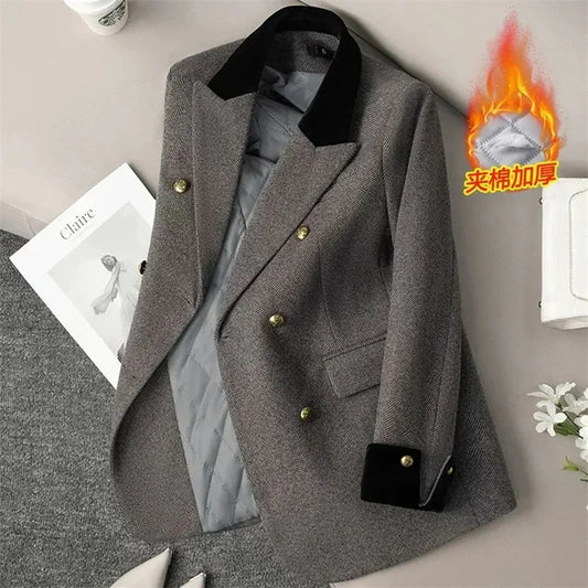 Women's Office Woolen Suit Jacket for women 2025 New Autumn Winter Chic gray Herringbone pattern Suit Female Thick Casual Coat