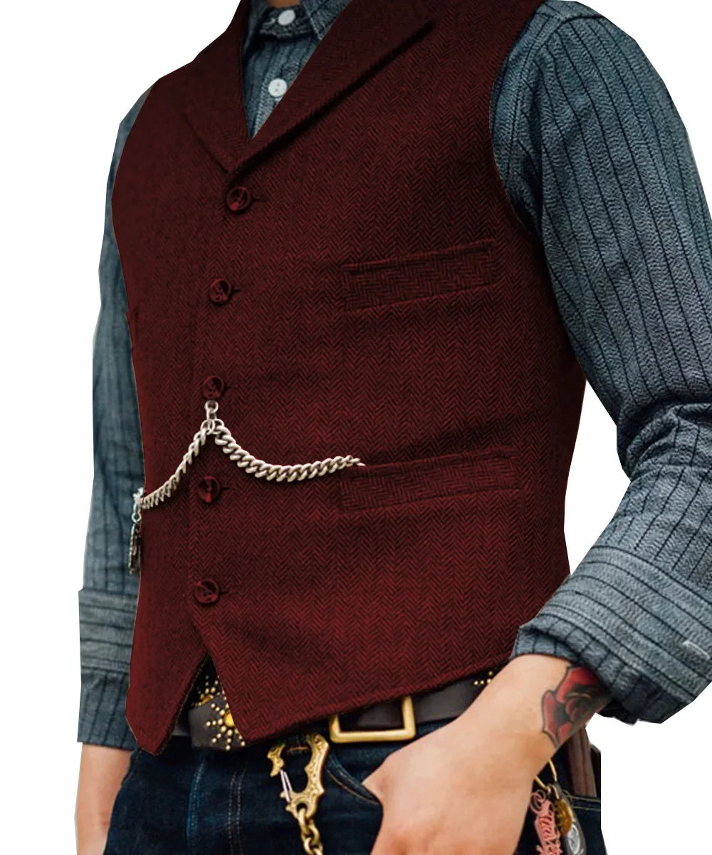 Wool Tweed Men's Suits Vest for Groomsmen Wedding Lapel Casual Slim Business Vests Sleeveless Waistcoat Male Gilet Homme Vests