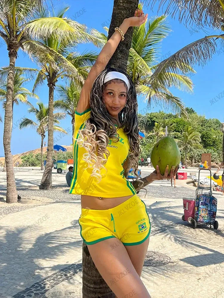 Summer T-shirt Women Brazil Letter Aesthetic Crop Tops Casual Short Sleeve O-neck Tee Streetwear Football Jersey Y2k Clothes