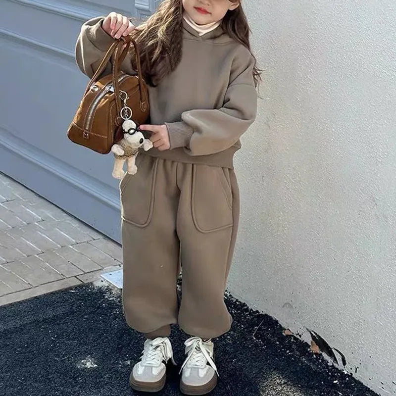 2025 Winter New Children Plus Velvet Thick Clothes Set Boys Girls Fleece Hooded Sweatshirt + Sweat Pants Suit Kids Warm Outfits