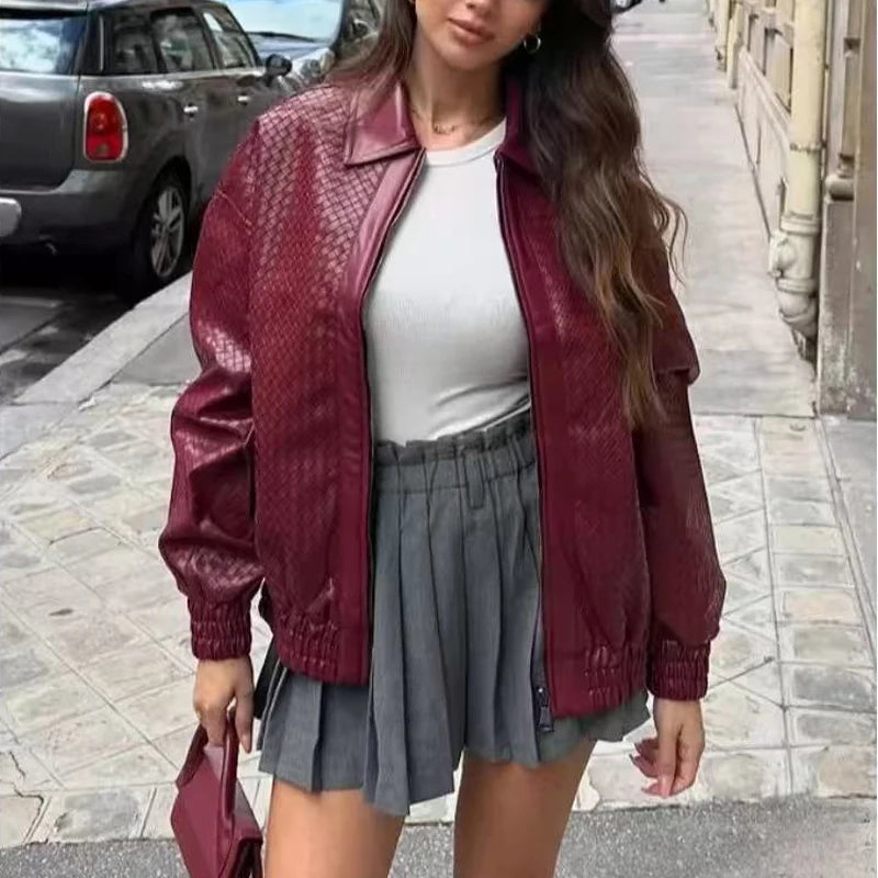 High-fashion Women Clothing 2025 New In Hand Knitting 100 % Leather Jacket Feminina Streetwear Burgundy Dropped Shoulder Coat