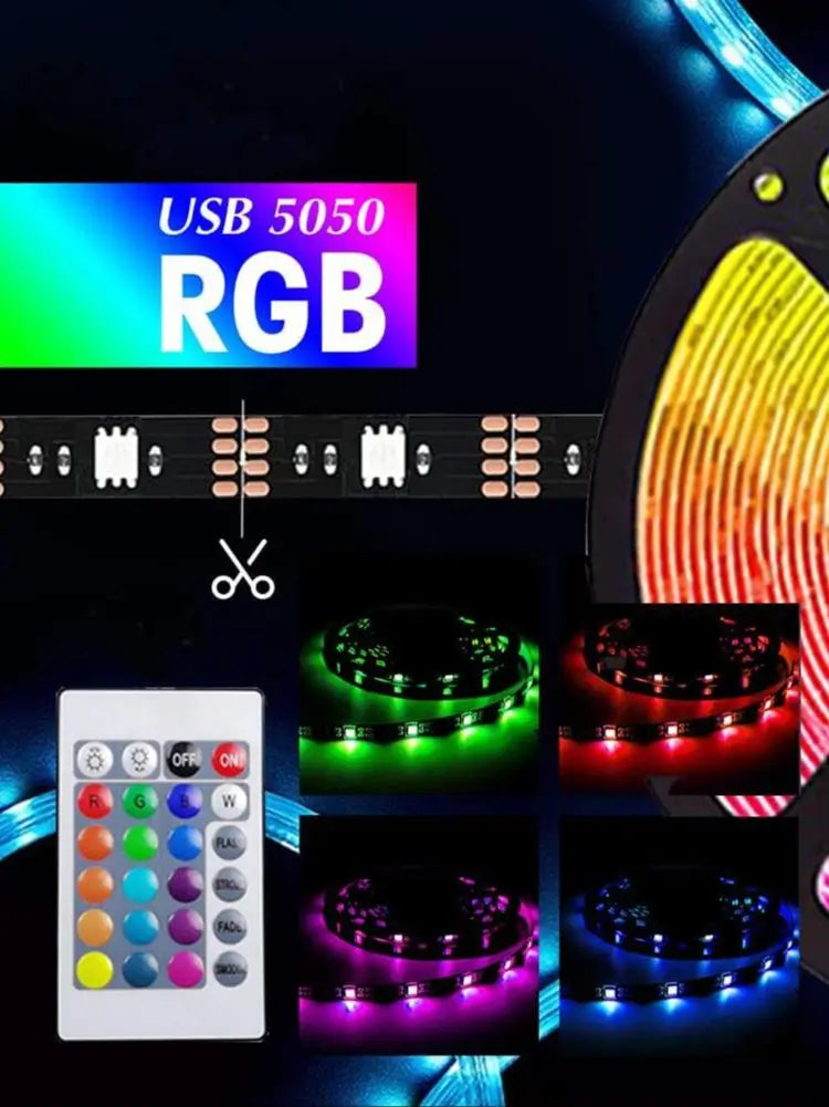 Led USB Strip Light 5M Color Changing 5050 RGB LED Flexible Lights with 24 Keys for Children Gaming Room Home Party TV Backlight